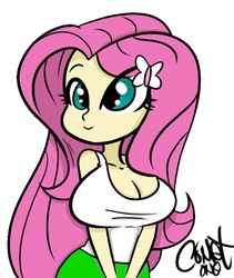 Size: 600x710 | Tagged: safe, artist:comet0ne, fluttershy, equestria girls, g4, adorasexy, big breasts, breasts, busty fluttershy, cartoon, cleavage, clothes, cute, digital art, drawing tablet, female, hairpin, huge breasts, sexy, shyabetes, simple background, smiling, solo, tank top, white background