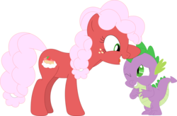 Size: 3573x2351 | Tagged: safe, artist:porygon2z, spike, oc, oc:strawberry fluffcake, dragon, earth pony, pony, g4, duo, female, high res, male, one eye closed, open mouth, petting, simple background, teeth, transparent background, vector