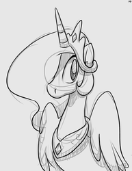 Size: 1280x1654 | Tagged: safe, artist:benja, princess celestia, alicorn, pony, g4, bust, crown, female, grayscale, hair over one eye, jewelry, monochrome, regalia, sketch, solo