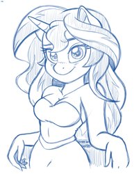 Size: 2550x3300 | Tagged: safe, artist:latecustomer, sunset shimmer, unicorn, anthro, g4, belly button, breasts, cleavage, cute, female, high res, lineart, monochrome, shimmerbetes, solo