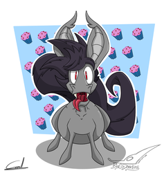 Size: 1280x1350 | Tagged: safe, artist:bigcdoodles, oc, oc only, oc:rufus dough, bat pony, pony, vampony, belly, chubby, cupcake, fangs, fat, food, looking at you, male, tongue out