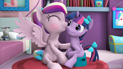 Size: 2000x1125 | Tagged: source needed, safe, artist:densosard, princess cadance, smarty pants, twilight sparkle, alicorn, pony, unicorn, g4, 3d, babysitting, bed, bedroom, blushing, book, bow, but why, cheek kiss, eyes closed, female, filly, filly twilight sparkle, frame, hair bow, implied pooping, kissing, licking, potty, potty time, potty training, rug, sitting, source filmmaker, spread wings, tail bow, toilet, tongue out, toy, training potty, unicorn twilight, wings, younger