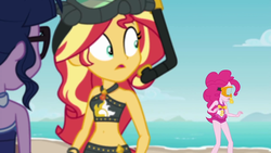 Size: 1920x1080 | Tagged: safe, screencap, pinkie pie, sci-twi, sunset shimmer, twilight sparkle, equestria girls, g4, my little pony equestria girls: better together, unsolved selfie mysteries, beach shorts swimsuit, belly button, clothes, sleeveless, sunset shimmer's beach shorts swimsuit, swimsuit