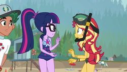 Size: 1920x1080 | Tagged: safe, screencap, sci-twi, sunset shimmer, timber spruce, twilight sparkle, equestria girls, equestria girls series, g4, unsolved selfie mysteries, beach shorts swimsuit, clothes, geode of telekinesis, lifeguard timber, magical geodes, male, sci-twi swimsuit, sleeveless, sunset shimmer's beach shorts swimsuit, swimsuit, trio