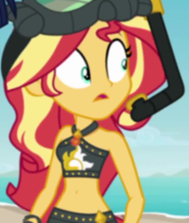 Size: 915x1080 | Tagged: safe, screencap, sunset shimmer, equestria girls, g4, my little pony equestria girls: better together, unsolved selfie mysteries, beach shorts swimsuit, belly button, bikini, bikini babe, clothes, cropped, female, sleeveless, solo, sunset shimmer's beach shorts swimsuit, swimsuit