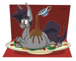 Size: 1700x1370 | Tagged: safe, artist:bigcdoodles, oc, oc only, oc:rufus dough, bat pony, pony, vampony, chubby, dinner, fat, food, gravy, gravy boat, holiday, horse meat, male, meat, person as food, rope, solo, thanksgiving, tied up, unamused