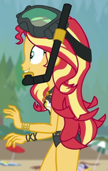 Size: 570x903 | Tagged: safe, screencap, sunset shimmer, equestria girls, g4, my little pony equestria girls: better together, unsolved selfie mysteries, beach, beach babe, beach shorts swimsuit, bikini, bikini babe, clothes, cropped, dive mask, sleeveless, snorkel, sunset shimmer's beach shorts swimsuit, swimsuit