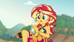Size: 1920x1080 | Tagged: safe, screencap, sunset shimmer, equestria girls, equestria girls series, g4, x marks the spot, bare shoulders, bikini, bikini top, bottle, cellphone, clothes, exam, geode of empathy, jewelry, magical geodes, message in a bottle, open mouth, phone, raised eyebrow, sarong, sleeveless, swimsuit, what the hay?