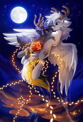 Size: 1020x1500 | Tagged: safe, artist:hioshiru, oc, oc only, oc:kate, oc:kej, pegasus, pony, unicorn, antlers, christmas, christmas ornament, cloud, decoration, ear fluff, female, fluffy, flying, full moon, holiday, k+k, male, mare, moon, night, night sky, oc x oc, ornament, reindeer antlers, saddle bag, shipping, sky, spread wings, stallion, starry night, straight, wings