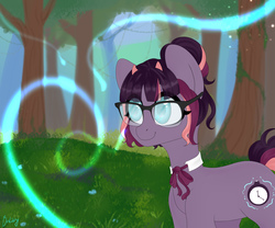 Size: 6000x5000 | Tagged: safe, artist:bestiary, oc, oc only, oc:luminous tempo, bicorn, pony, absurd resolution, forest, glasses, horn, horns, magic, necktie, purple hair, solo