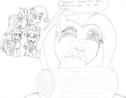 Size: 620x483 | Tagged: safe, artist:tascoby, fluttershy, pinkie pie, rainbow dash, twilight sparkle, alicorn, earth pony, pegasus, pony, g4, clothes, crying, dialogue, guilty face, hearth's warming eve, mare, scarf, sweater, toque, twilight sparkle (alicorn), unamused, yule log