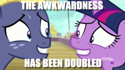 Size: 1200x675 | Tagged: safe, edit, edited screencap, screencap, star tracker, twilight sparkle, alicorn, earth pony, pony, g4, once upon a zeppelin, awkward, caption, eye contact, image macro, looking at each other, male, meme, stallion, text, twilight sparkle (alicorn)