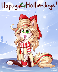 Size: 1920x2400 | Tagged: dead source, safe, artist:dsp2003, oc, oc only, oc:hollie, earth pony, pony, blushing, boots, bow, clothes, cloud, commission, cross-eyed, cute, female, hair bow, happy holidays, holly, ice, mare, pun, scarf, shoes, sitting, snow, snowfall, snowflake, solo, tongue out, winter