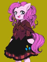 Size: 768x1024 | Tagged: dead source, safe, artist:mi_mi_mi_0820, pinkie pie, earth pony, semi-anthro, clothes, cute, diapinkes, dress, female, mare, simple background, solo, yellow background
