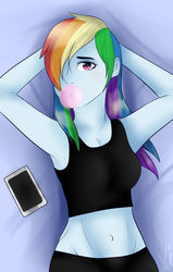 Size: 1600x2513 | Tagged: safe, artist:xxdestinyrosexx, rainbow dash, equestria girls, g4, arm behind head, armpits, belly button, bubblegum, cellphone, clothes, female, food, gum, looking at you, looking up, looking up at you, lying down, phone, smartphone, solo, sports bra, sports shorts