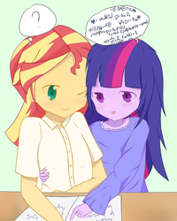 Size: 800x1000 | Tagged: safe, artist:maomao9, sunset shimmer, twilight sparkle, human, equestria girls, g4, book, clothes, female, lesbian, messy hair, notebook, one eye closed, pajamas, ship:sunsetsparkle, shipping, simple background, studying, wink