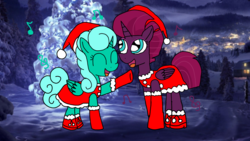Size: 1920x1080 | Tagged: safe, artist:徐詩珮, fizzlepop berrytwist, glitter drops, tempest shadow, alicorn, pony, g4, alicornified, christmas, christmas lights, christmas song, christmas tree, clothes, costume, duo, eyes closed, female, glittercorn, hat, holiday, lesbian, mare, race swap, santa costume, santa hat, ship:glittershadow, shipping, shoes, singing, snow, tempesticorn, tree, winter