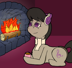 Size: 2525x2388 | Tagged: safe, artist:darka01, octavia melody, earth pony, pony, g4, chimney, chocolate, clothes, earmuffs, female, fire, fireplace, food, high res, hot chocolate, log, mare, scarf, solo