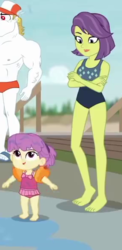 Size: 287x588 | Tagged: safe, screencap, bulk biceps, victoria, water lily (g4), equestria girls, equestria girls series, g4, x marks the spot, baby, background human, barefoot, clothes, crossed arms, feet, female, legs, lipstick, male, male nipples, mother and daughter, nipples, nudity, offscreen character, sandals, smiling, swimsuit, toddler