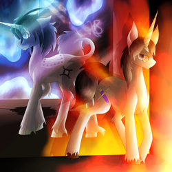 Size: 5800x5800 | Tagged: safe, artist:florarena-kitasatina/dragonborne fox, earth pony, pony, robot, unicorn, absurd resolution, artificial horn, augmented, back to back, crossover, duality, duo, fire, floppy ears, frown, glasses, ice, leonine tail, messy mane, mirror, noname (acceleration of suguri), ponified, scalpel, shadow, shifu (suguri), signature, unshorn fetlocks, watermark