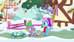 Size: 1280x720 | Tagged: safe, spike, oc, oc:sapphire beauty, dragon, g4, my little pony best gift ever, base used, clothes, earmuffs, hat, scarf, striped scarf, winged spike, wings, winter outfit