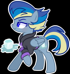 Size: 1016x1082 | Tagged: safe, artist:heartmoondance, oc, oc only, oc:blue ice, pegasus, pony, base used, black background, clothes, cutie mark, female, hoodie, lidded eyes, mare, multicolored hair, offspring, outline, parent:double diamond, parent:rainbow dash, parents:doubledash, raised hoof, simple background, solo, swept-back mane, white outline