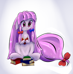 Size: 2000x2047 | Tagged: safe, artist:mistleinn, pony, book, female, high res, long hair, mare, patchouli knowledge, purple eyes, purple hair, simple background, sitting, solo, touhou