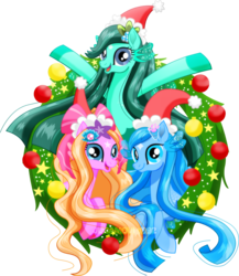 Size: 2283x2627 | Tagged: safe, artist:jucamovi1992, oc, oc only, oc:aglaope, oc:piscis, oc:radne, pony, siren, christmas, female, high res, holiday, mare, simple background, transparent background