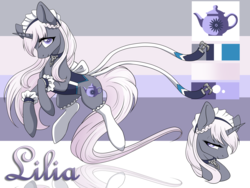 Size: 4000x3000 | Tagged: safe, artist:kxttponies, oc, oc only, oc:lilia, pony, unicorn, clothes, collar, corset, female, mare, reference sheet, socks, solo