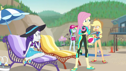 Size: 1920x1080 | Tagged: safe, screencap, applejack, fluttershy, rainbow dash, rarity, aww... baby turtles, equestria girls, g4, my little pony equestria girls: better together, beach, cap, chair, feet, female, flip-flops, geode of empathy, geode of fauna, geode of shielding, geode of sugar bombs, geode of super speed, geode of super strength, geode of telekinesis, hat, magical geodes, sandals, sarong, sun hat, wetsuit
