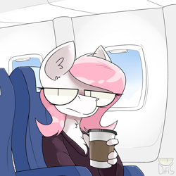 Size: 5120x5120 | Tagged: safe, artist:difis, oc, oc only, oc:sugar morning, anthro, bust, chair, coffee, female, mare, plane, seat, solo, straight face, text, tired, window