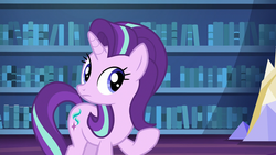 Size: 1280x720 | Tagged: safe, screencap, starlight glimmer, pony, unicorn, every little thing she does, g4, book, bookshelf, female, library, mare, solo, twilight's castle, twilight's castle library