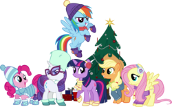 Size: 3095x1937 | Tagged: safe, artist:ironm17, applejack, fluttershy, pinkie pie, rainbow dash, rarity, twilight sparkle, earth pony, pegasus, pony, unicorn, g4, my little pony best gift ever, beanie, bedroom eyes, christmas, christmas tree, clothes, earmuffs, fluttershy's purple sweater, glasses, grin, happy, hat, holiday, jacket, looking at you, scarf, short-sleeved jacket, simple background, smiling, sweater, sweatershy, transparent background, tree, unicorn twilight, vector, winter outfit