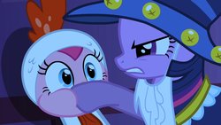 Size: 1280x720 | Tagged: safe, screencap, pinkie pie, twilight sparkle, g4, luna eclipsed, angry, clothes, cosplay, costume, gritted teeth, hat, hoof in mouth, nightmare night, nightmare night costume, star swirl the bearded costume, teeth, twilight the bearded