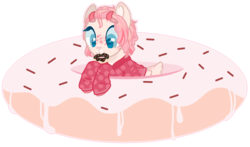 Size: 1280x751 | Tagged: safe, artist:m-00nlight, oc, oc:grace, deer pony, original species, base used, clothes, donut, food, micro, nom, ponies in food, shirt, simple background, transparent background