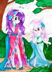 Size: 1364x1899 | Tagged: safe, artist:liaaqila, rarity, sweetie belle, equestria girls, g4, make new friends but keep discord, clothes, commission, dress, female, gala dress, high heels, makeup, rain, running makeup, shoes, sisters, traditional art, wet, wet hair