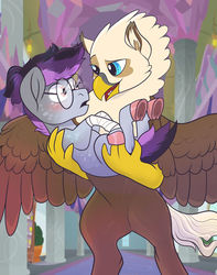 Size: 1024x1300 | Tagged: safe, artist:loryska, oc, oc:halien, oc:niko, hippogriff, pony, holding a pony, male, offspring, parent:derpy hooves, parent:doctor whooves, parent:dumbbell, parent:gilda, parents:doctorderpy, parents:gildabell