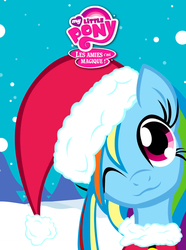 Size: 745x1000 | Tagged: safe, artist:chronicle23, artist:leadhooves, rainbow dash, pegasus, pony, g4, :3, christmas, christmas ponies, female, french, hat, holiday, my little pony logo, one eye closed, santa hat, snow, solo, stolen art, wink