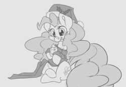 Size: 3300x2278 | Tagged: safe, artist:leadhooves, pinkie pie, earth pony, pony, g4, :p, christmas, clothes, costume, female, hat, high res, holiday, monochrome, santa costume, santa hat, solo, tongue out