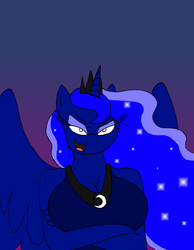 Size: 1280x1649 | Tagged: safe, artist:americananomaly, nightmare moon, princess luna, anthro, g4, anthroquestria, bedroom eyes, big breasts, breasts, cleavage, clothes, crossed arms, devious, dress, female, smug, solo