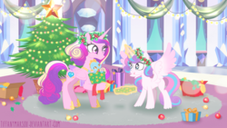 Size: 1920x1080 | Tagged: safe, artist:tiffanymarsou, princess cadance, princess flurry heart, alicorn, pony, g4, christmas, christmas tree, concave belly, duo, eyelashes, female, folded wings, height difference, holiday, indoors, magic, mother and daughter, present, slender, spread wings, telekinesis, thin, tree, wings