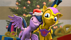 Size: 3840x2160 | Tagged: safe, artist:twilighlot, flash sentry, twilight sparkle, alicorn, pony, g4, 3d, armor, christmas, christmas tree, female, hat, high res, holiday, love, male, present, santa hat, ship:flashlight, shipping, soldier, source filmmaker, straight, time, tree, twilight sparkle (alicorn)