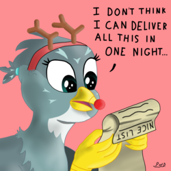 Size: 2500x2500 | Tagged: safe, artist:paw-of-darkness, gabby, griffon, g4, antlers, christmas, female, high res, holiday, parchment, red nose, simple background, solo, text