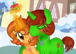 Size: 1449x1027 | Tagged: safe, artist:doraeartdreams-aspy, oc, oc:aspen, oc:ryan, cheek kiss, hippie, jewelry, kissing, mistletoe, necklace, peace symbol, ryspen, snow