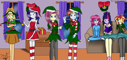 Size: 5016x2362 | Tagged: safe, artist:heart324, applejack, fluttershy, pinkie pie, rainbow dash, rarity, sci-twi, sunset shimmer, twilight sparkle, pony, equestria girls, g4, christmas, clothes, couch, female, hat, holiday, lesbian, present, santa hat, ship:flutterdash, ship:rarijack, ship:sci-twishimmer, ship:sunsetsparkle, shipping, socks, striped socks