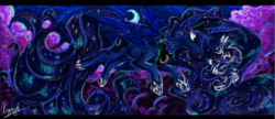 Size: 2654x1146 | Tagged: safe, artist:hilloty, princess luna, alicorn, pony, g4, female, flying, jewelry, mare, moon, ms paint, regalia, solo