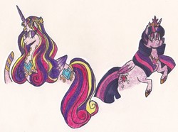 Size: 1876x1393 | Tagged: safe, artist:draw1709, princess cadance, twilight sparkle, alicorn, pony, g4, alternate hairstyle, long mane, traditional art, twilight sparkle (alicorn)