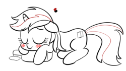 Size: 825x465 | Tagged: safe, artist:ipostponies, oc, oc only, oc:blackjack, pony, unicorn, fallout equestria, fallout equestria: project horizons, blushing, bottle, fanfic, fanfic art, female, floppy ears, hooves, horn, mare, prone, simple background, sketch, sleeping, solo, white background