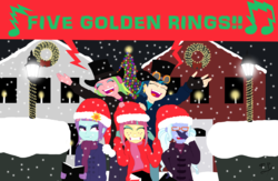 Size: 4018x2616 | Tagged: safe, artist:dazzpocalypse, indigo zap, lemon zest, sour sweet, sugarcoat, sunny flare, equestria girls, g4, christmas, crystal prep shadowbolts, hat, holiday, music notes, outdoors, santa hat, screaming, shadow five, singing, snow