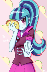 Size: 800x1210 | Tagged: safe, artist:tastyrainbow, sonata dusk, equestria girls, g4, blushing, cute, female, food, note, one eye closed, ponytail, pretty, solo, sonatabetes, sonataco, taco, that girl sure loves tacos, that siren sure does love tacos, wink